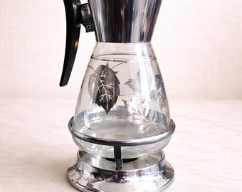Vintage Mid Century Glass Coffee Percolator Carafe Chrome Base Etched Leaf Design