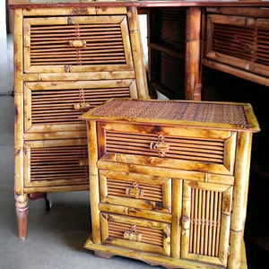 VINTAGE mid-century bamboo bedside table and jewelry organizer duo.