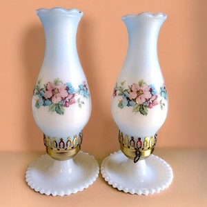 VINTAGE Lanterns  Hand Painted Floral Milk Glass Gone with the Wind Lanterns Shabby Chic Bedside Table Lamps