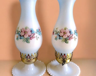 VINTAGE Lanterns  Hand Painted Floral Milk Glass Gone with the Wind Lanterns Shabby Chic Bedside Table Lamps