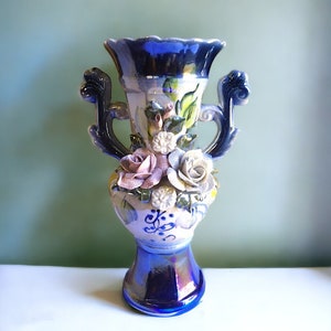 Lusterware Porcelain Vase Detailed Iridescent Ceramic Glaze Vase Hand Painted Lusterware Vase with Floral Motif Hand Painted Metallic Vase