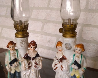 VINTAGE Pair of Oil Lamps  Miniature Victorian Colonial Lamps, Home Decor