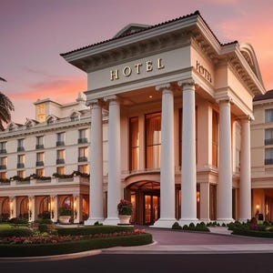 Puede incluir: Vista exterior de un gran hotel al atardecer. El edificio presenta un dise&ntilde;o cl&aacute;sico con grandes columnas blancas y la palabra "HOTEL" en letras doradas. Palmeras y jardines cuidados enmarcan la entrada.