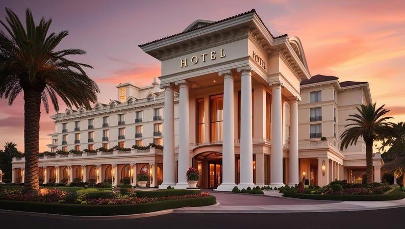 Puede incluir: Vista exterior de un gran hotel al atardecer. El edificio presenta un dise&ntilde;o cl&aacute;sico con grandes columnas blancas y la palabra "HOTEL" en letras doradas. Palmeras y jardines cuidados enmarcan la entrada.