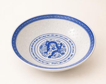 Vintage Chinese Rice Eye Porcelain Bowl Blue Dragon Rice Grain China 9 Inch
