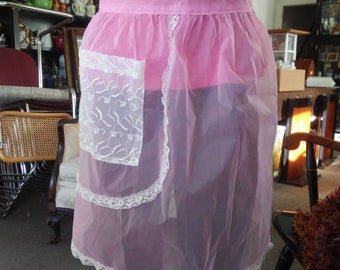 VINTAGE Sheer Apron// Retro Apron with Pink Sheer Fabric and Lace Pockets