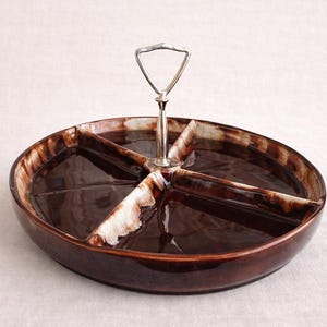 Vintage California Pottery Lazy Susan Server, Divided Relish Tray, Brown Drip Glaze MCM