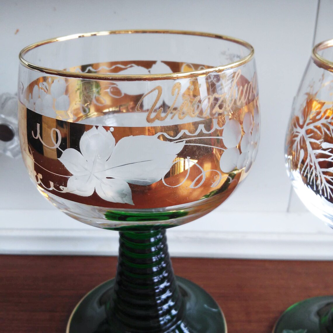 VINTAGE ROEMER Wine Glasses Green Ribbed Stem Anniversary Etsy