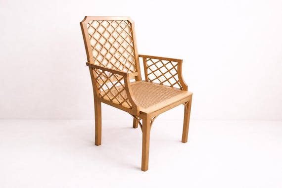 Vintage Fretwork and Cane Armchair Designer Handcrafted Wooden Chair Chinoiserie Style Asian Inspired Arm Chair Elegant Wooden Armchair