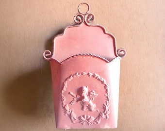 VINTAGE Inspired Pink Metal Wall Organizer Shabby Chic Pink Upcycled Metal Wall Pocket Repurposed Metal Wall Pocket in soft pink hues