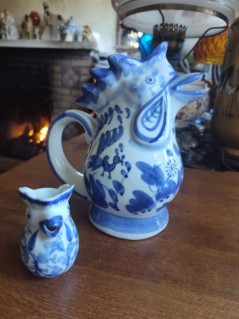 Traditional Handmade Blue White Rooster Jugs.