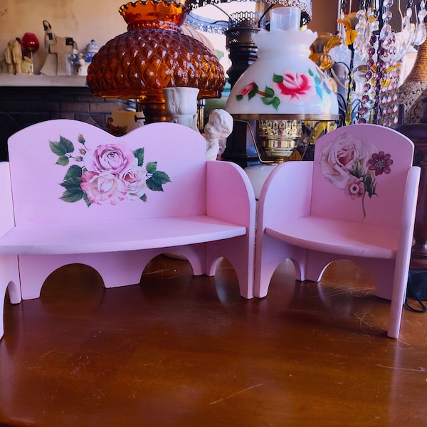 Shabby Chic Pink miniature Chair and Couch set Cottage Style miniature furniture in pink Reclaimed  Mini chair and couch wall decor