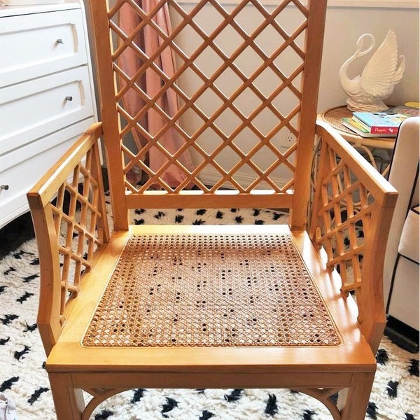 Vintage Fretwork and Cane Armchair Designer Handcrafted Wooden Chair Chinoiserie Style Asian Inspired Arm Chair Elegant Wooden Armchair