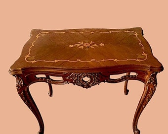 Vintage Decorative Table with intricate Hand-carved Wood Inlays Louis XVI Style Ornate Collectors Wood Table Ornately Carved Antique Table