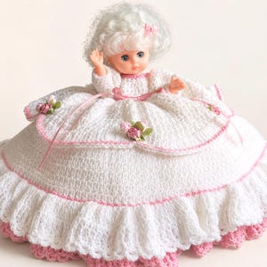 Vintage Handmade Crochet Bed Doll White Pink Victorian Nursery Decor Collectible