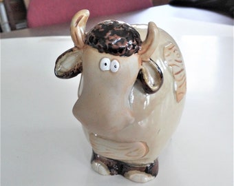 ON SALE Vintage Sheep Figurine Brown Glazed Ceramic Hand Painted Detail