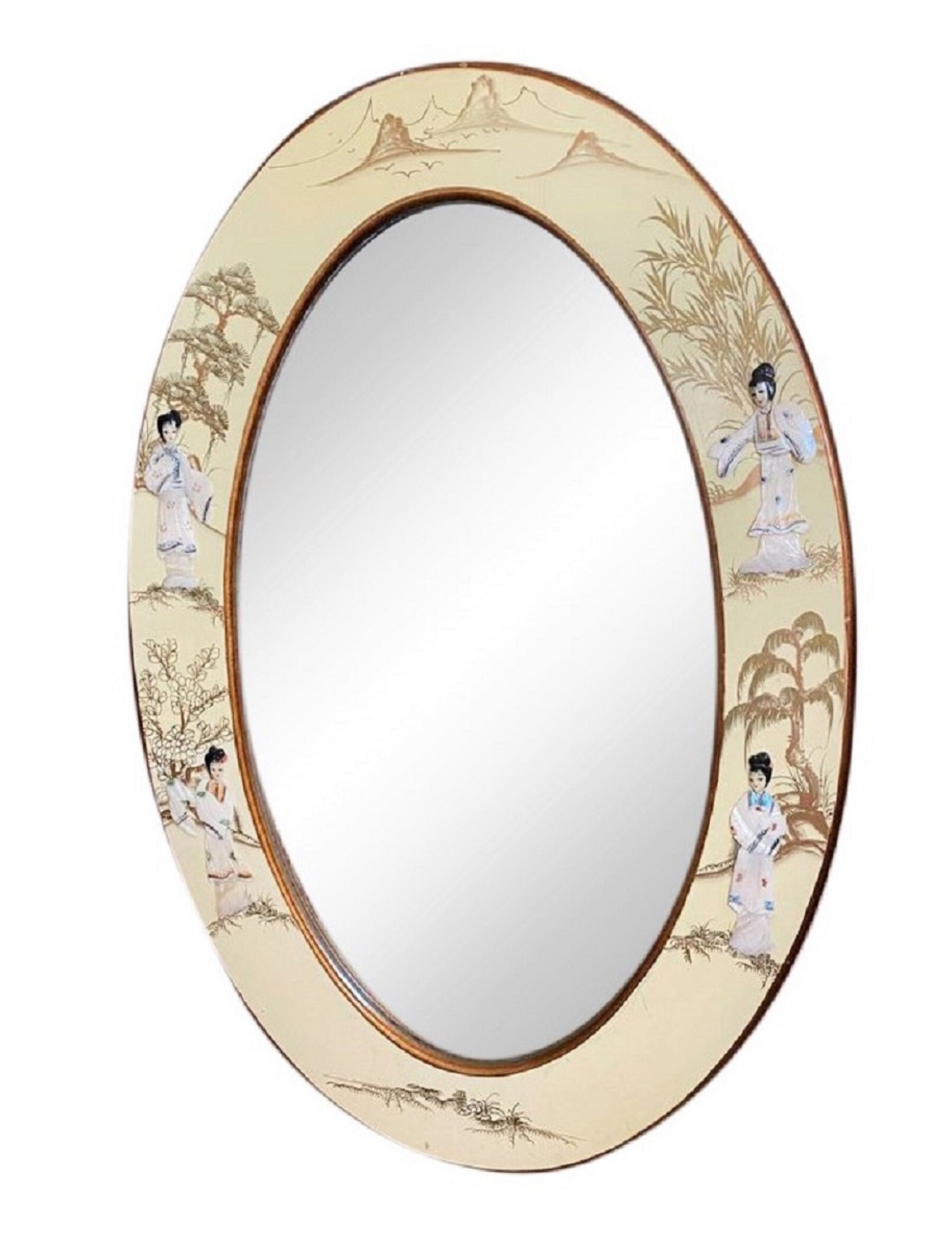 Traditional Geisha Mirror VINTAGE Mirror With Geisha Figures and Pearl Inlay Handcrafted Oriental ...