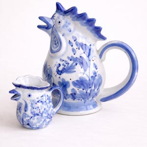 Artisan Blue and White Ceramic Rooster Pitchers Traditional Handmade Blue White Rooster Jugs Collectible Blue White Rooster Design Pitchers image 1
