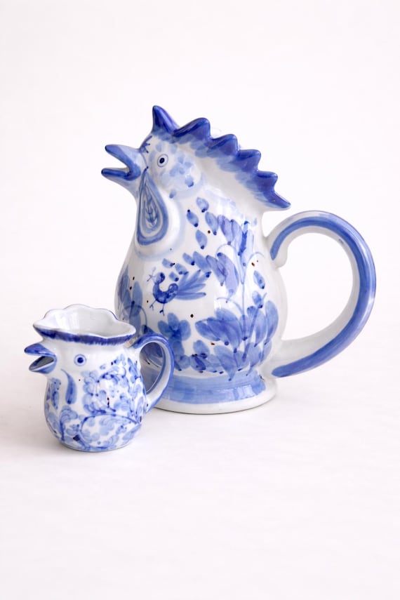 Artisan Blue and White Ceramic Rooster Pitchers Traditional Handmade Blue White Rooster Jugs Collectible Blue White Rooster Design Pitchers