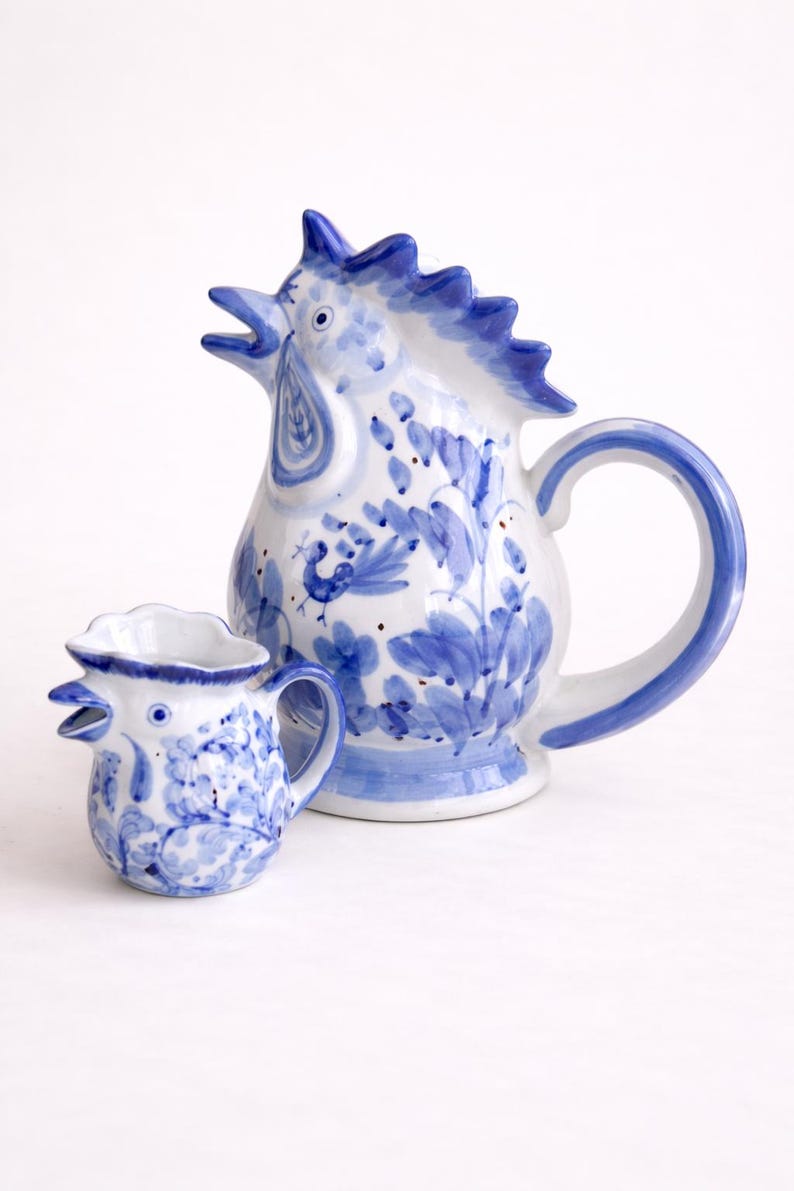 Artisan Blue and White Ceramic Rooster Pitchers Traditional Handmade Blue White Rooster Jugs Collectible Blue White Rooster Design Pitchers image 1