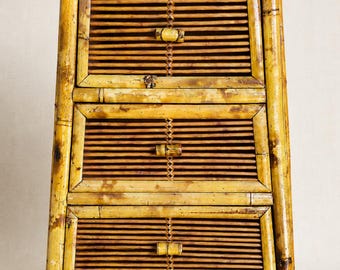 Vintage Bamboo Three Drawer Chest Tortoise Shell Rattan Nightstand Chinoiserie Storage