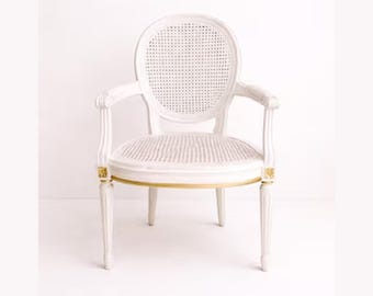 VINTAGE FAUTEUIL Louis XVI Style Cane Back and Seat Armchairs// French Country Home Decor, Gilt Detail