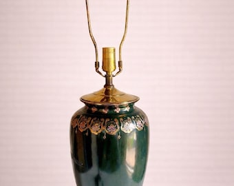 Vintage Green Porcelain Lamp, Gold Filigree Ginger Jar, Asian Hollywood Regency Table Lighting Accent
