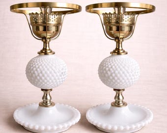 Milk Glass Hobnail Accent Lamps Pair with Brass Trim, Cottagecore Bedside Lighting