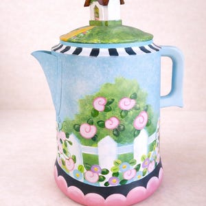 Upcycled Cottage Core Coffee Pot, Hand Painted Floral Garden Teapot Decor with Whimsical House Lid, Rustic Farmhouse Accent Country Kitchen