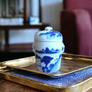 Blue and White Porcelain Tea Caddy with Landscape Scene Antique Blue and White Tea Caddy with Bird Motifs Hand Painted Blue White Caddy
