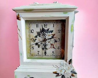 Shabby Chic Upcycled Clock Cottage Core Styled Mantel Clock with Floral Details French Country Inspired Clock Repurposed Home Decor