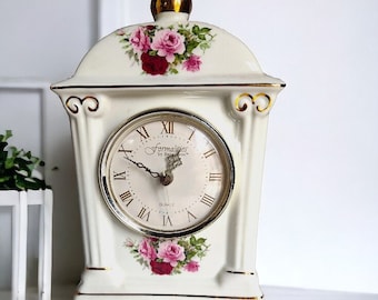 ANTIQUE-style Porcelain Clock with Floral Motif Charming  Porcelain Mantle Clock with Floral Detailing Floral Motif Porcelain Table Clock