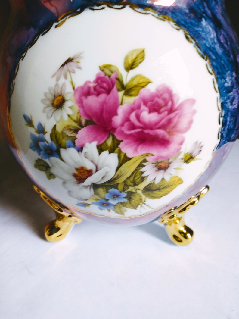 VINTAGE Cobalt Blue Vase Ceramic Hand Painted Rose Vase, Home Decor image 2