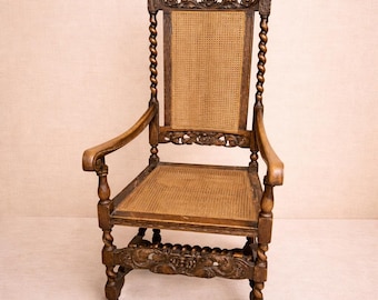 Authentic Antique Barley Twist Wooden Chair Victorian Era Barley Twist Carved Wood and Cane Chair Vintage Barley Twist Cane Back and Seat