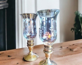 VINTAGE Gorham brass candlesticks featuring intricate etched glass chimneys Rare Gorham brass candle holders with etched glass chimneys