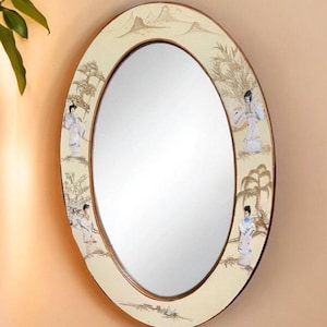 VINTAGE Mirror with geisha figures and pearl inlay Handcrafted oriental mirror with mother of pearl design Collectible oriental mirror