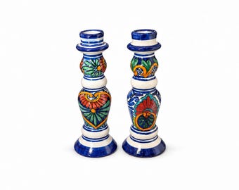 Large 10″ Talavera Style Candlestick Pair, Hand-Painted Ceramic Floral Table Decor