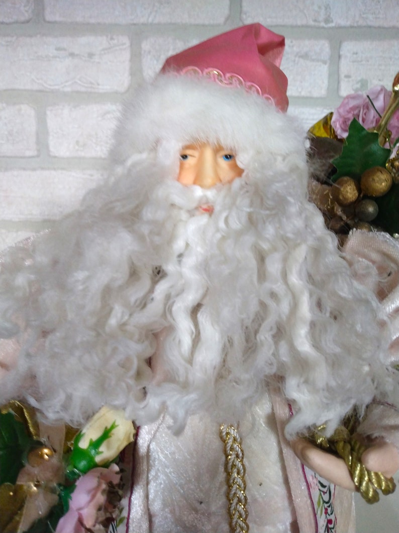 VINTAGE Pink Shabby Chic Christmas Mantel Ornament// Hand Detailed Victorian Pink and Gold Santa// Father Christmas image 2