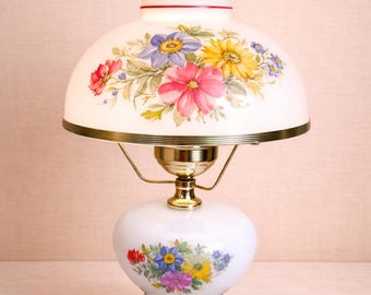 Vintage Floral Hurricane Glass Table Lamp, Hand-painted Milk Glass, Brass Base Victorian Parlor Lighting