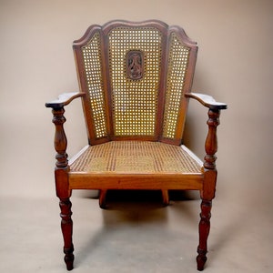 Antique Hand Carved Wooden Accent Chair with Cane Weaving Victorian Style Carved Wood Cane Seat Armchair image 1