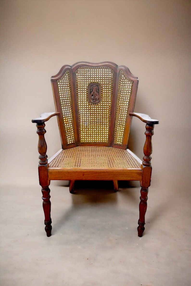 Antique Hand Carved Wooden Accent Chair with Cane Weaving Victorian Style Carved Wood Cane Seat Armchair image 1