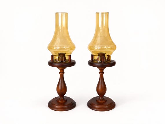 Vintage Amber Glass Lamp Pair, Mid Century Pedestal Lamps with Wood Base, Cottage Farmhouse Lighting