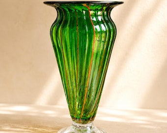 Vintage Murano Style Green Art Glass Vase Hand Blown Italian Ribbon Glass MCM Decor