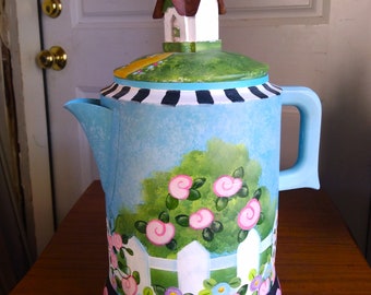 VINTAGE Handpainted Cottage Coffee Pot  Country Farmhouse, Home Decor