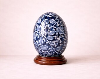 VINTAGE Blue and White Asian Pottery Ceramic Blue and White Egg Large Chinoiserie Asian Style Egg Decor Oversized Decorative Egg