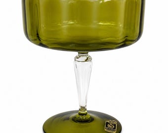 Vintage Hand Blown Olive Green Crystal Compote European Art Glass Pedestal Bowl