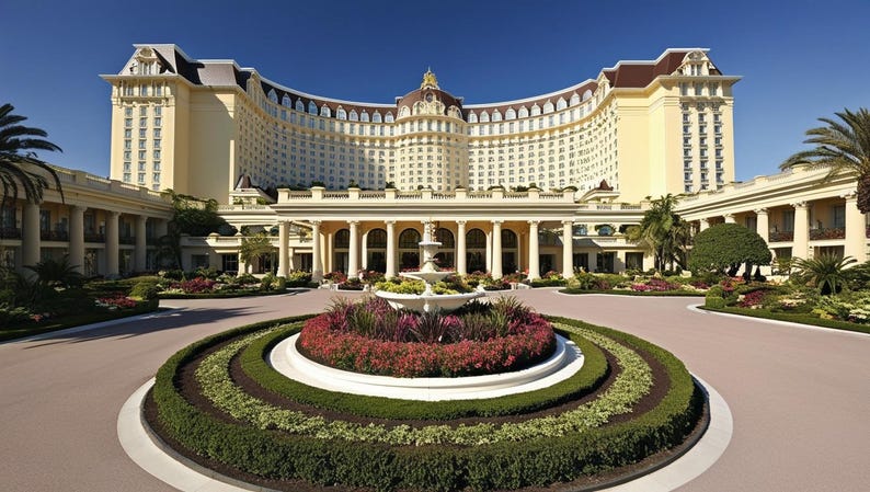 Puede incluir: Vista exterior de un gran hotel curvo con fachada amarillo claro y techo oscuro. Una fuente y parterres en primer plano, con palmeras y un cielo azul claro.