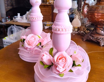 VINTAGE Pink Rose Candleholders Cottage Core Lighting Pink Upcycled Pink Rose Centerpiece Candleholders Upcycled Floral Home Accessories