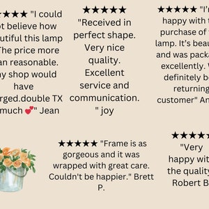 May include: Five-star reviews for a lamp with a floral design. The reviews highlight the lamp's beauty, quality, and excellent customer service. One review mentions the lamp's price being reasonable. Another review mentions the lamp being packaged well. The reviews are written by customers named Jean, Joy, Angela, Brett, and Robert.
