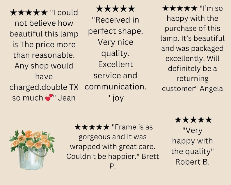 May include: Five-star reviews for a lamp with a floral design. The reviews highlight the lamp's beauty, quality, and excellent customer service. One review mentions the lamp's price being reasonable. Another review mentions the lamp being packaged well. The reviews are written by customers named Jean, Joy, Angela, Brett, and Robert.